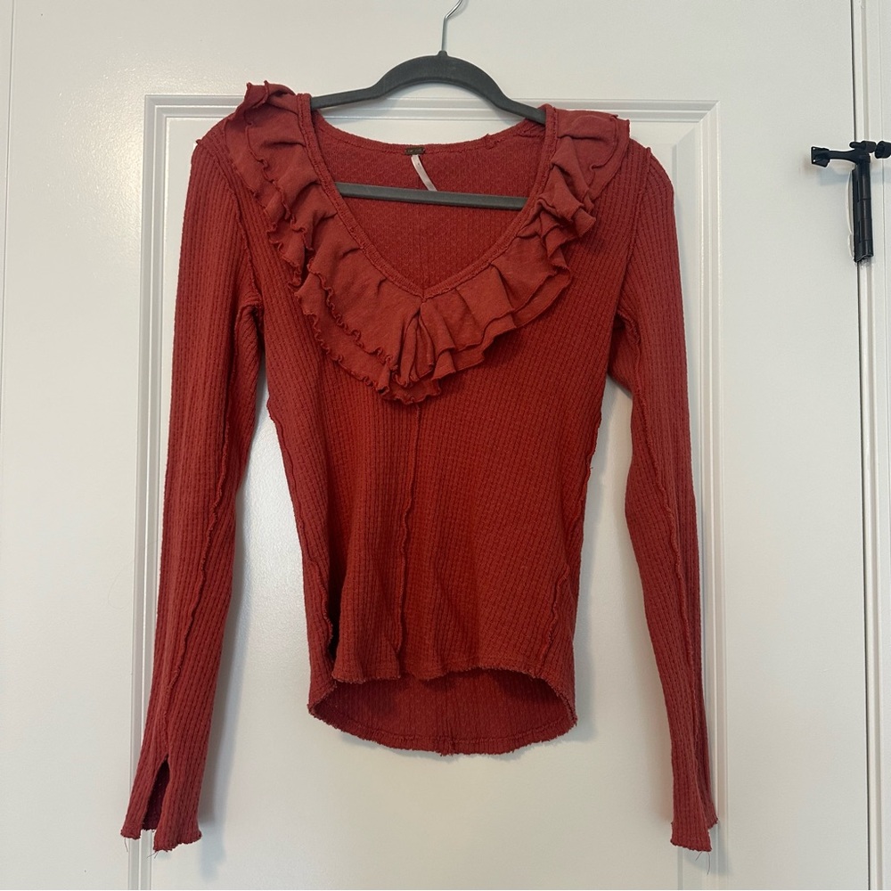 Free People Ruffled V-Neck Long Sleeve Top - Rust